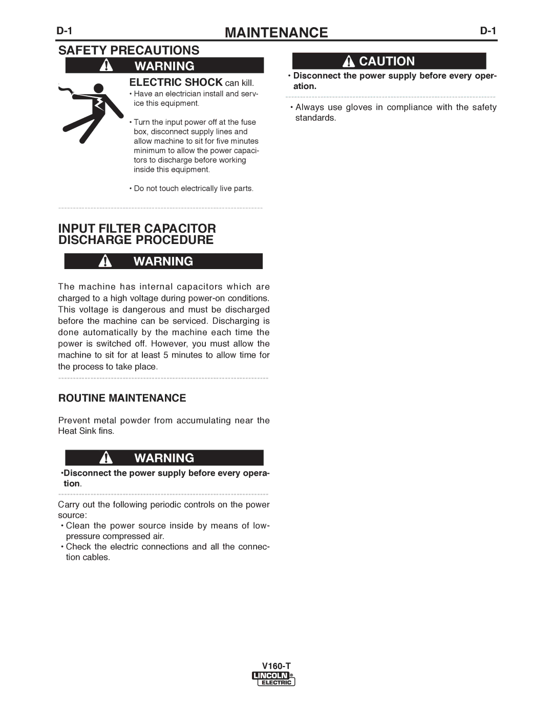 Lincoln Electric IM738-A, V160-T manual ELECTRIC SHOCK can kill, Routine Maintenance 